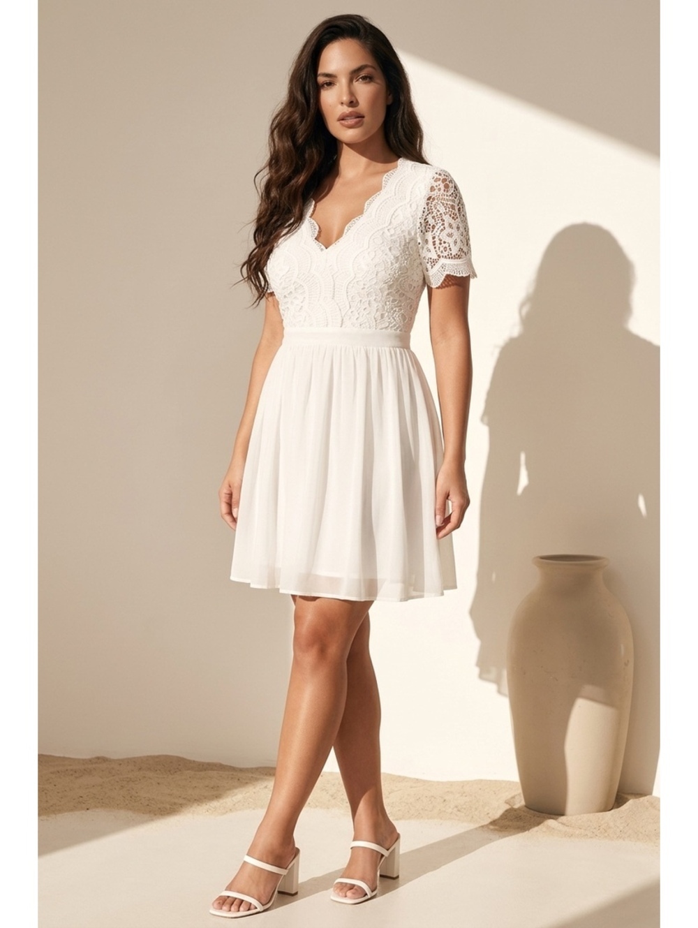 Lulus White Lace Short Sleeve Dress with Scalloped V-Neck Size M